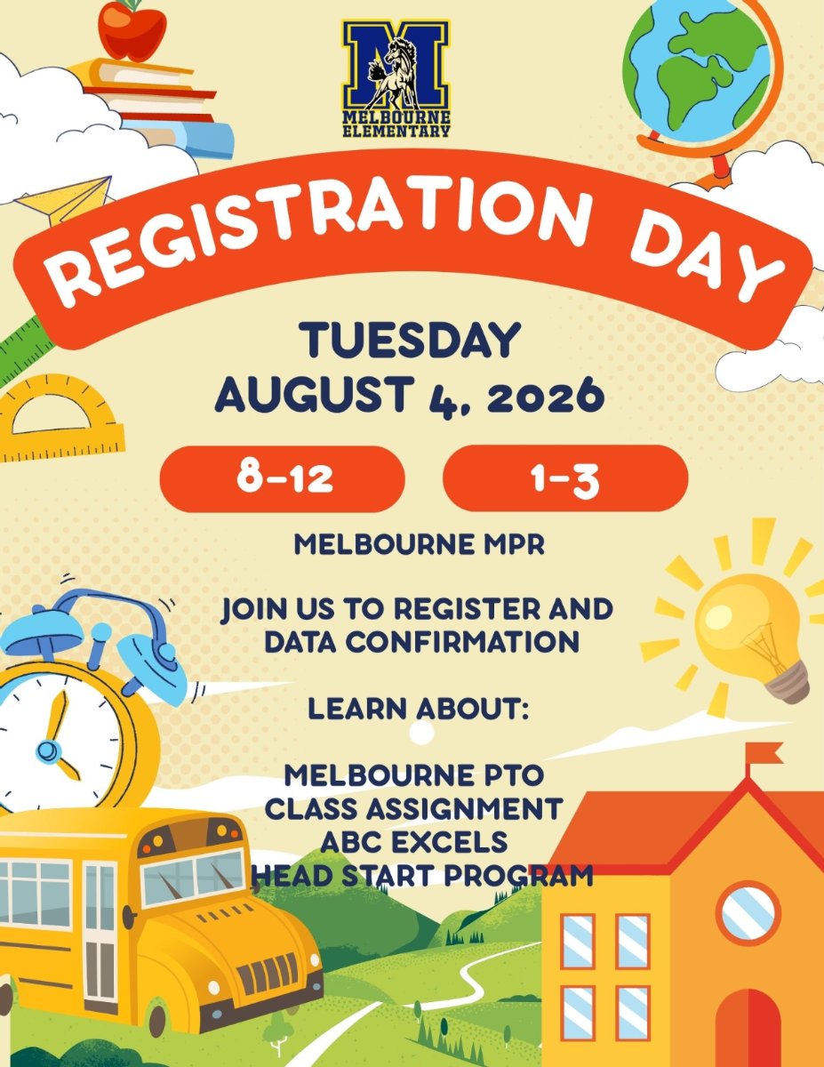 Image with school bus and other school supplies advertising Registration Day on August 4 from 8-12 and 1-3 in Melbourne MPR